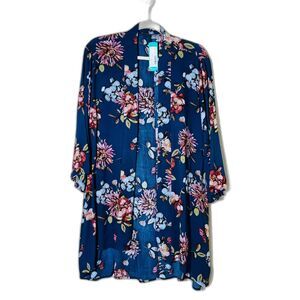 NWT Pink Clover Maples Open Front Navy Floral Kimono Coverup Tunic Shawl Med